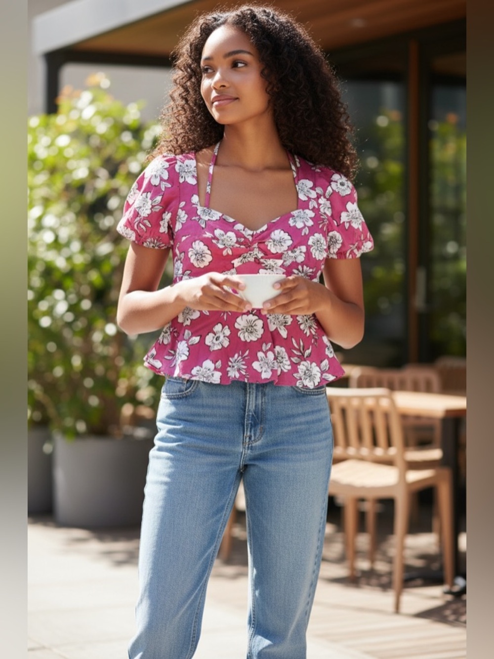 Francesca's Collections Pink Floral Peplum Tie-Back Blouse